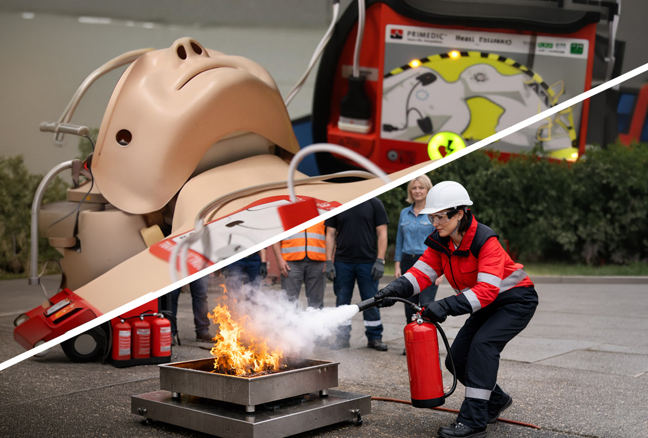 Automatisierter externer Defibrillator wird in einer Schulung erklärt und vorbereitet und Demonstration eines kontrollierten Brandes im Rahmen einer Brandschutzschulung